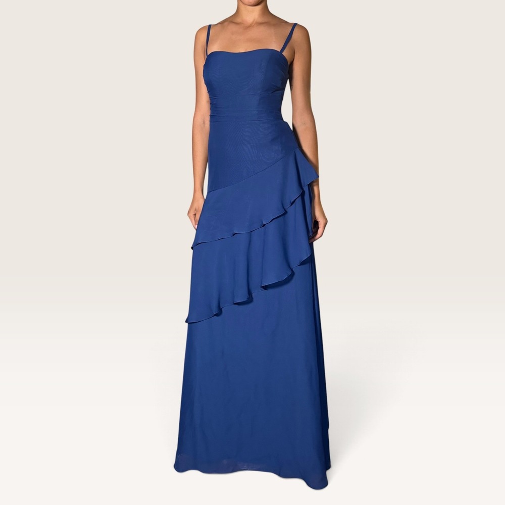 Cicinia Royal Blue Ruffle Chiffon Maxi Dress US 4 Lace Up Back Formal Gown NWT